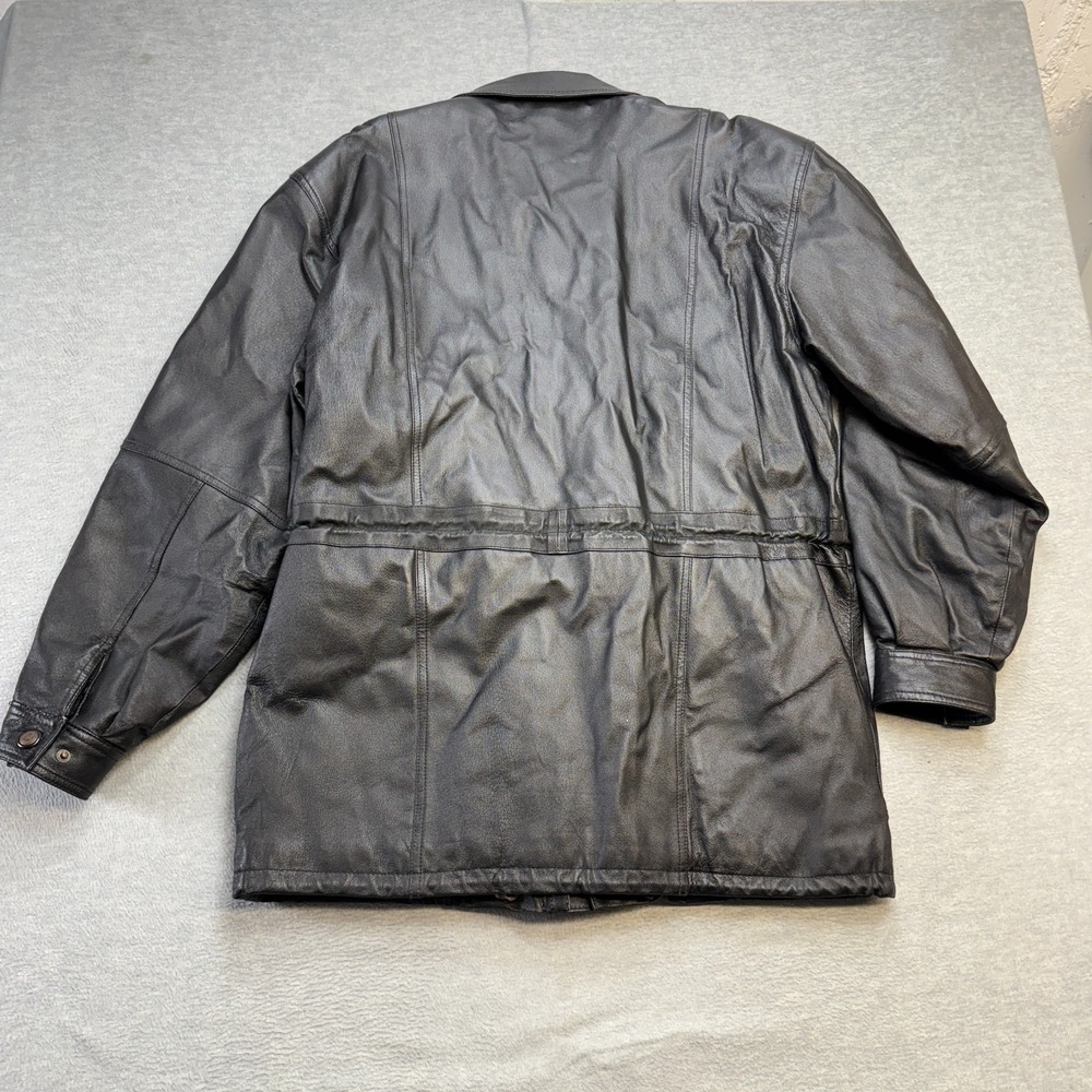 Vintage Leather Jacket Adult L/XL Black Quilt Lined Field Parka Full Zip Cinched - Picture 12 of 16
